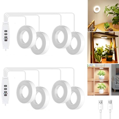 Banax 2 Pack LED Grow Light for Indoor Plants 144 LEDs, Four-Head Ring Design, 5V/2A 10 Brightness Levels, 3/9/12H Timer, Ideal for Herbs, Succulents & Seedlings（White） - color: White, size: Four-Head-2Pcs
