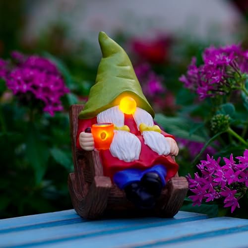 Solar Powered Relax Garden Gnome Statue, Rocking Chair Gnome 6.5“ with Glowing LED Nose & Coffee Cup, Hand Painted Resin Outdoor Indoor Decor Ornament for Patio Lawn Yard Home, Calming Novelty Gift - style: Solar Female Garden Gnome