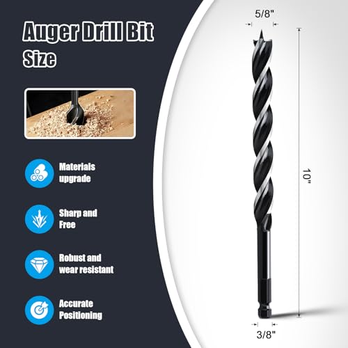 5/8" x 10" Auger Drill Bit for Wood,Hex Shank Tri Flute Drill Bit - size: 5/8"x10"