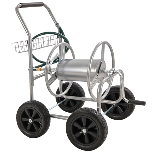 VEVOR Hose Reel Cart, Hold Up to 250 ft of 5/8’’ Hose, Garden Water Hose Carts Mobile Tools with 4 Wheels, Heavy Duty Powder-Coated Steel Outdoor Planting with Storage Basket, for Garden, Yard, Lawn - size: 250 ft