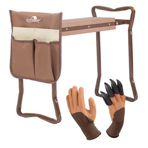 LUCKYERMORE Garden Kneeler and Seat Folding Kneeling Bench Stool with Tool Pouches Soft EVA Foam for Gardening,Asiento Garden Kneeler,Brown