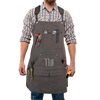 Unisex Woodworking Work Apron, 16oz Multi-Pocket Canvas Apron - color: Grey