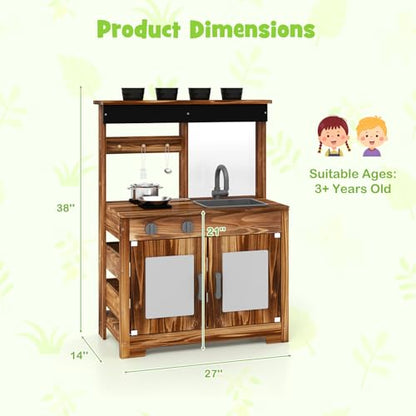 Costzon Mud Kitchen, Fir Wood Outdoor Play Kitchen w/ 4 Planting Pots - style: Planter Brown
