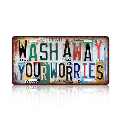 Vintage Bathroom Wall Decor Wash away your worries License Plate - color: plate-A-17