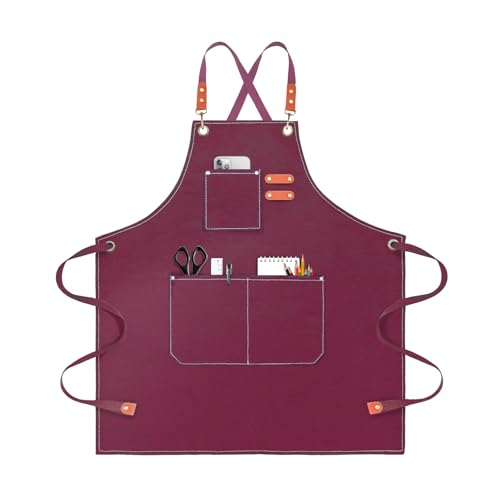 OUNLEN Chef Apron for Men Women Canvas Aprons with 3 Pockets Cross Back Resistant Work Apron for Cooking - color: Cranbrerry Red