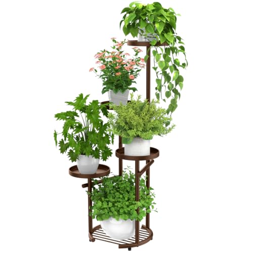 TOSKING Tall 5-Tier Round Metal Corner Plant Stand Indoor, Anti-Tip, Brown - color: Brown, size: 5-Tier Round Base
