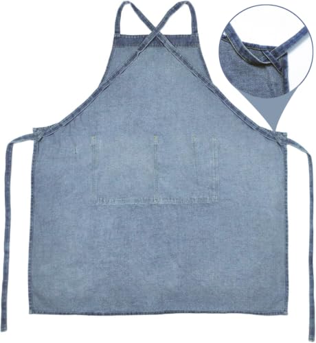 Denim Bib Apron for Women Men, Unisex Cross Back Aprons with Large Pockets - color: Style a - Deep Blue