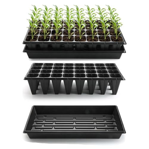 RooTrimmer 10 Pack 1020 Trays No Holes and 10 Pack 4.3" Deep 32 Cell Seed Starter Trays, 20" x 10" - Heavy Duty Plastic Nursery Flats for Seed Germination & Plant Propagation (10 Sets) - size: 32 Cells