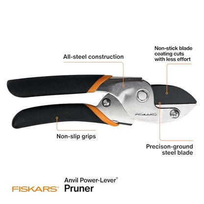 Fiskars Power-Lever Anvil Pruning Shears, 5/8" Cut Capacity Garden Clippers