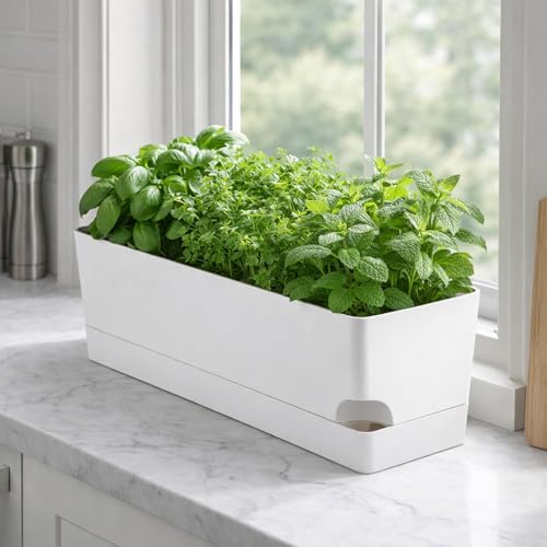 Party Zealot Window Boxes Planters, 5 Pack Self Watering Pots for Indoor Plants 17 Inch Rectangular Planter Rectangle Flower Pots Long Plant Pot Large Window Sill Herb Planter Box, White - color: White