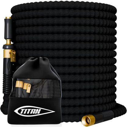 TITAN 50 ft Garden Hose – Lightweight Flexible Water Hose, Kink-Free Non-Expanding, High Flow, Solid Brass Fittings, Leak-Proof with Nozzle