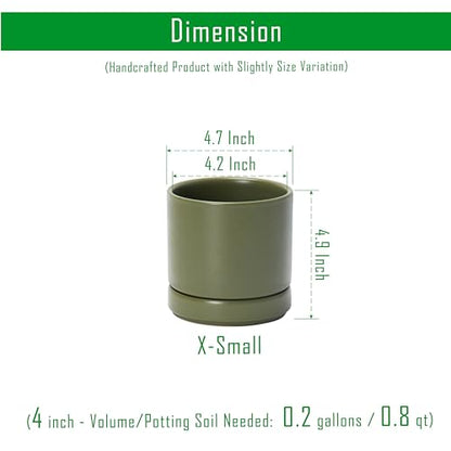 D'vine Dev 4-Pack Ceramic Pots with Saucers, Olive, 4.7 in, 94-X-B-0 - color: Olive, size: 4.7 Inch