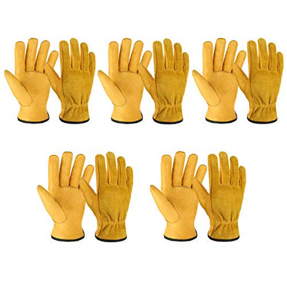 OZERO Leather Work Gloves, Gardening Gloves, Flex Grip, 5 Pairs, Medium - color: Gold(5 Pair), size: Medium
