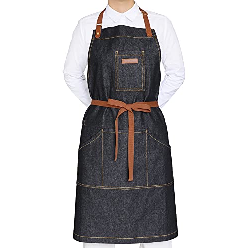 Black Kitchen Apron with Pockets & Towel Loop for Men Women, Denim - color: Black Denim 9#