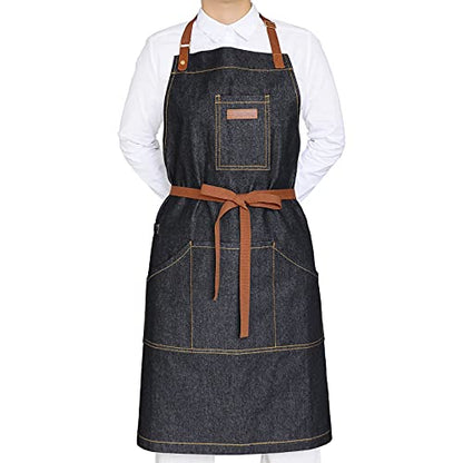 Black Kitchen Apron with Pockets & Towel Loop for Men Women, Denim - color: Black Denim 9#