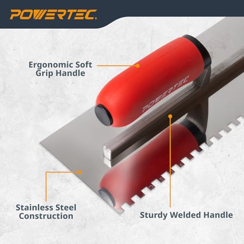 POWERTEC Square Notch Trowel - 1/4" x 1/4" Stainless Steel Square-Notch Tile Trowel with Soft Grip Handle for Thinset Mortar, Mastic & Tile Installation Work (72180) - style: 1/4" x 3/8" Square Notch