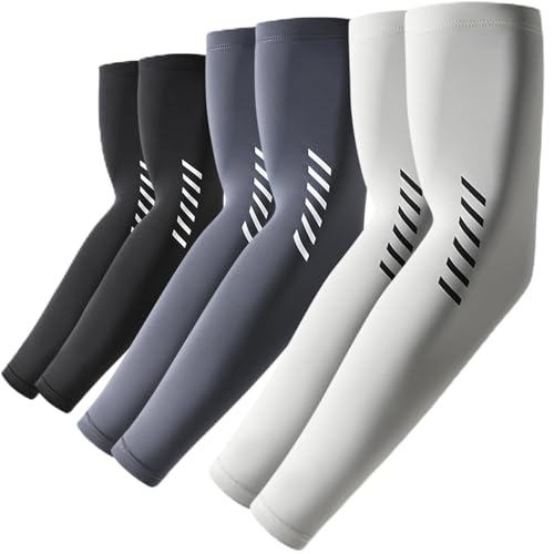 UV Sun Protection Arm Sleeves for Men Women, UPF 50+ Cooling Sun Sleeves to Cover Arms Sports Compression Covers - color: 3 Pairs - Black+dark Grey+light Grey (Stripe), size: Large