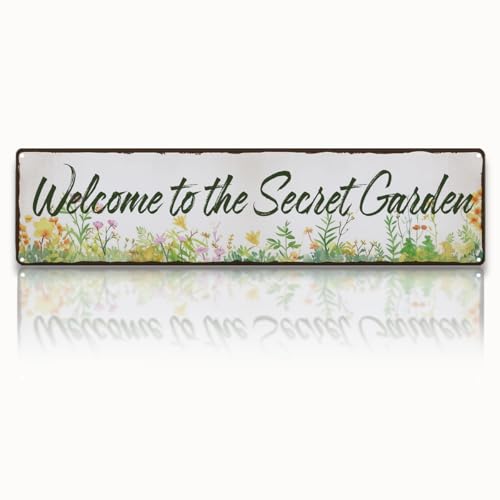 Garden Metal Tin Sign, Vintage Farmhouse Decor, Welcome to the Secret Garden Sign, Gardening Wall Art, for Yard Fence Door Porch, Rustic Indoor Outdoor Decoration, 15.7 x 3.9 Inches - color: Garden 20