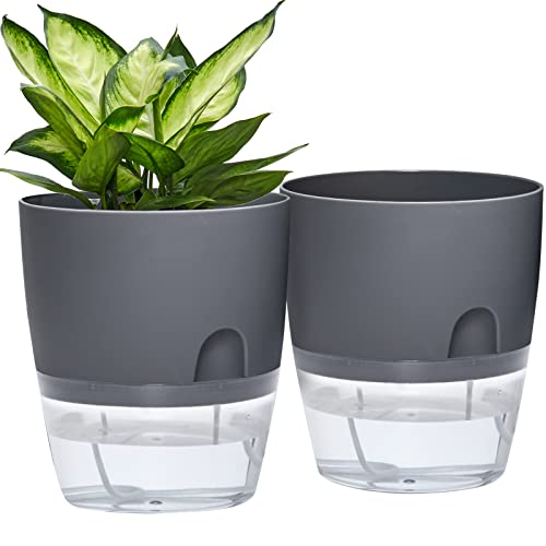 Self Watering Planter for Indoor Plants, 2 Pack 9.3 Inch Flower Pot Modern Decorative Plastic Planter with Extra Large Water Storage for All House Plants, Flowers, Herbs(Gray) - color: Gray, size: 9.3in(2)