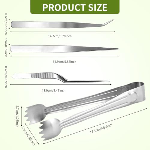 4Pcs Stainless Steel Seedling Gardening Tweezers & Clip, Long Thin Plant Transplanter for Succulent Bonsai Cactus, Seed Planting Tool for Indoor Outdoor Root Lowering Damage, Silver