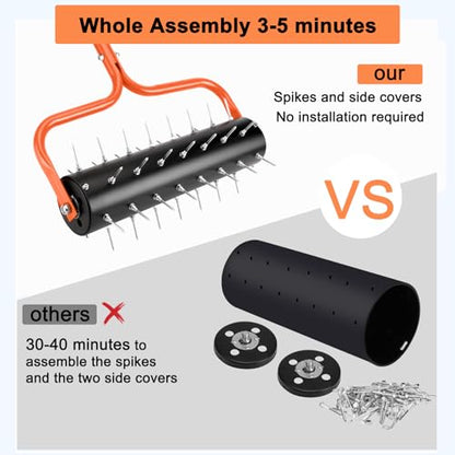 21" Rolling Lawn Aerator, 45 Preassembled Spikes, Only Needs 3-5 Minutes to Assemble, No Looseness, Good Package, 75" Long Handle with Quick Clip Connections, U-Shape Construction - Orange. - size: Orang