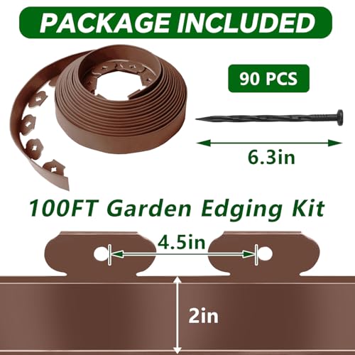 Garden Edging Border, 2In x 100 FT Landscape Edging with 90 Spikes, Brown - size: 100ft Brown-1