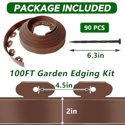 Garden Edging Border, 2In x 100 FT Landscape Edging with 90 Spikes, Brown - size: 100ft Brown-1