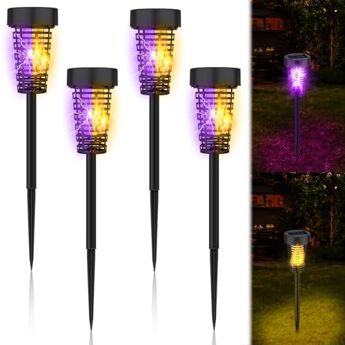 4 Pack Outdoor Solar Bug Zapper, Purple and Fire Light, Black - color: Black, size: Purple and Fire Light