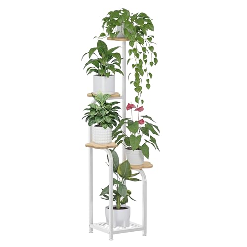 TOSKING Tall 5-Tier Wood Plant Stand Indoor, Cloud Shelves, Oak & White - color: Wood + White, size: 5-Tier Square Base