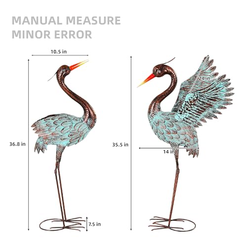 36.8" Metal Blue Heron Garden Statue, Handcrafted Crane Sculpture - color: 36" Distressed Patina Green