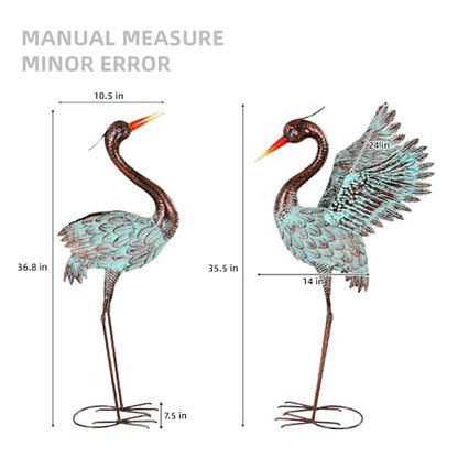 36.8" Metal Blue Heron Garden Statue, Handcrafted Crane Sculpture - color: 36" Distressed Patina Green