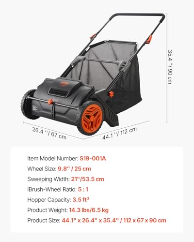 VEVOR Push Lawn Sweeper 21" Leaf & Grass Collector 3.5 cu. ft. Hopper Bag