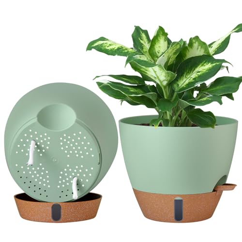 2 Pack 10 inch Self Watering Planters, PP Plastic Plant Pots for Outdoor - color: Green, size: 10 Inch