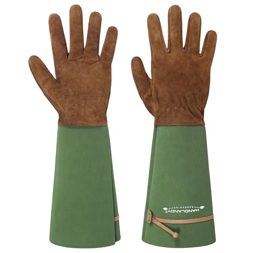 HANDLANDY HLDD Long Gardening Gloves for Women Men - Leather Rose Pruning Gloves Thorn Proof - Breathable Working Glove - color: Brown-green, size: X-Large