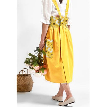 Cotton Linen Apron Cross Back Apron for Women with Pockets Pinafore Dress - color: 2 Pack-white+yellow