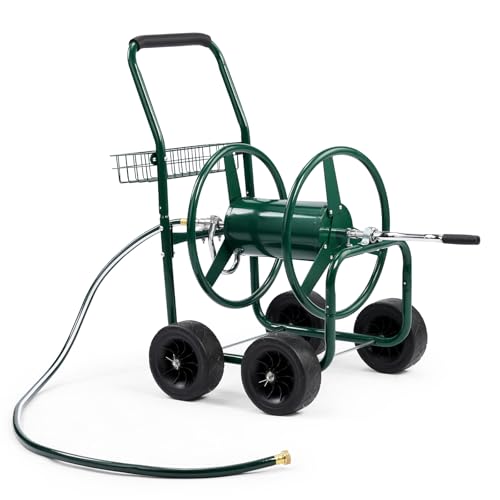 VINGLI 300FT 5/8in Garden Hose Reel Cart, 4-Wheel Portable Residential Hose Reel Cart, Hose Guide System with Storage Basket, Rust Resistant, for Family Yard, Garden and Farm (Green) - color: Green