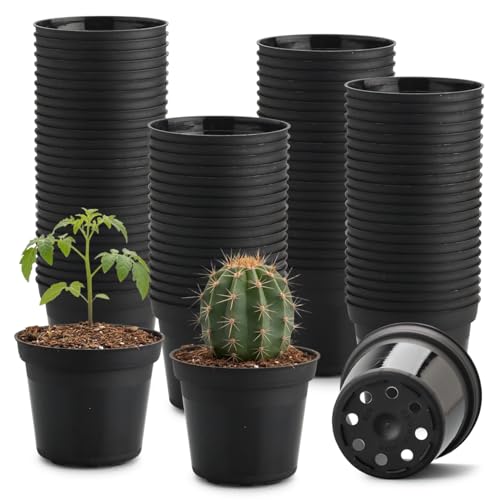 100 Pack 3 Inch Plastic Nursery Pot with Drainage Holes, Raised Base - color: Black, size: 3"-100P