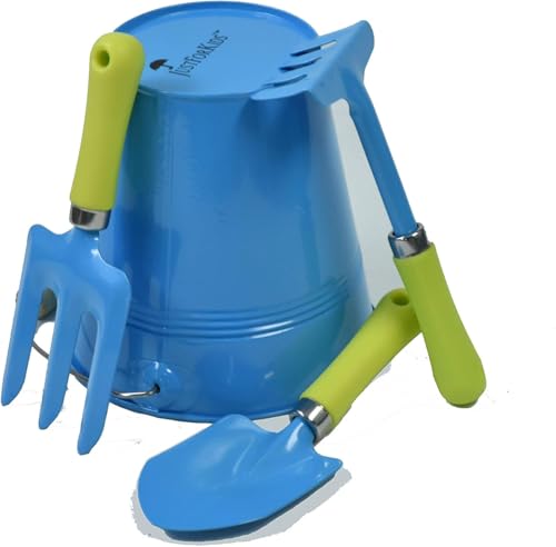 JustForKids Kids Garden Tool Set, 2 Pack STEM Educational Gardening Kit with Wooden-Handle Metal Pails, Plastic-Handle Shovel, Rake & Cultivator, Outdoor Toys & Gift for Toddlers Boys Girls Ages 3-8 - style: 2 Pack of Green and Blue Water Pails + Small To