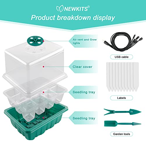 Seed Starter Tray with Grow Light, Seed Starter Kit, Plant Germination Starting Trays with Humidity Dome and Base for Greenhouse Grow Wheatgrass Hydroponic(12 Cells per Tray)