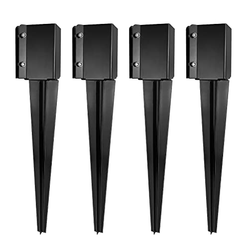 24 inch Fence Post Anchor Ground Spike Heavy Duty Metal Black Powder Coated Fence Stakes Post Base, 4x4 Inch (Inner Size 3.6"x3.6"), Pack of 4 - size: 24 inch