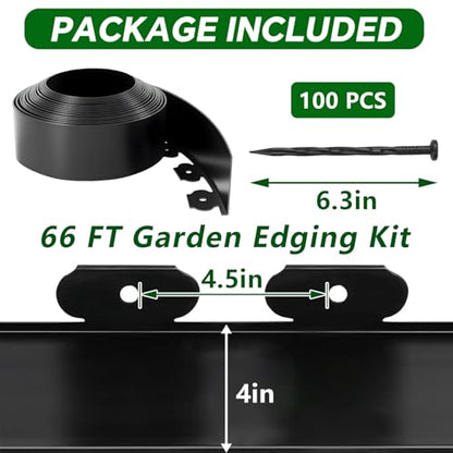 Garden Edging Border, 4In x 66 FT Landscape Edging with 100 Spikes, Black - size: 4 Inch x 66ft-Black
