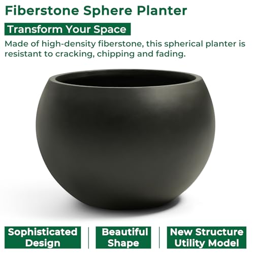 15.8"Dia x 10.9"H Fiberstone Sphere Planter, Black Round Flower Pot - color: Black, size: Medium