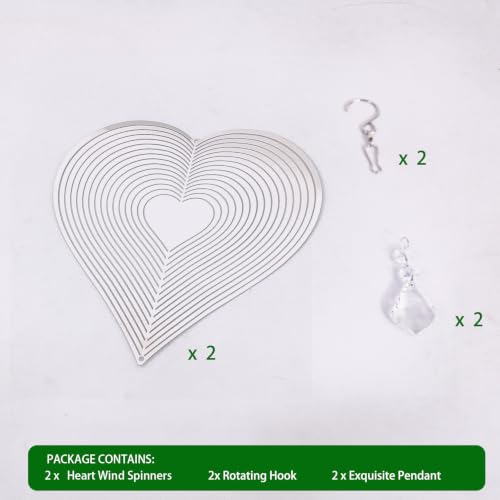 2 Pack Heart Wind Spinners Outdoor Hanging, 3D Stainless Steel Garden Decor