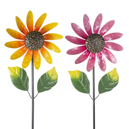 Viveta 2 Pack Sunflower Wind Spinners, Metal Wind Sculptures - color: Pink and Yellow