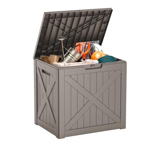 Vixzen 32 Gallon Outdoor Deck Box, Lockable Waterproof Storage Box, UV Resistant, Weather Resistance, Resin Outside Storage Bin for Gardening Tools, Pool Supplies (Grey, 32 Gallon) - color: Classic Grey, size: 32 Gallon