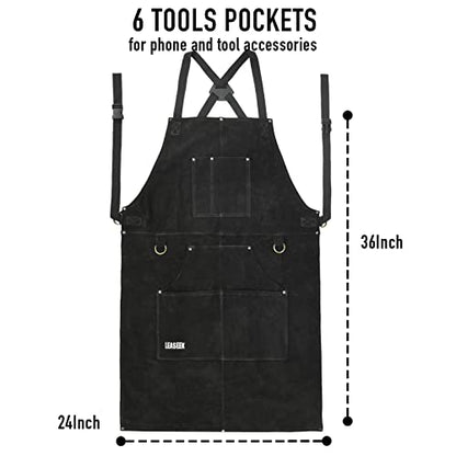 LeaSeek Leather Welding Apron, Heat & Flame-Resistant, 6 Pockets - color: Black - 24"x 36"
