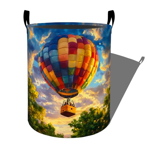 Hot Air Balloon Laundry Basket, Sunset Woodland Storage Hamper, Round Collapsible Waterproof Cloth Bin, 19.7x15.7 Inch Whimsical Sky Travel Clothes Organizer Gifts for Bathroom Decor - color: Hot Air Balloon