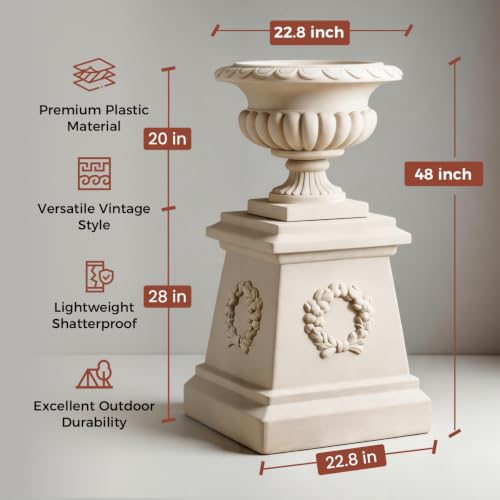20" H Large Plastic Roman Urn Planter with 28" Tall Decorative Pedestal - color: Marble-set