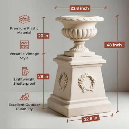 20" H Large Plastic Roman Urn Planter with 28" Tall Decorative Pedestal - color: Marble-set