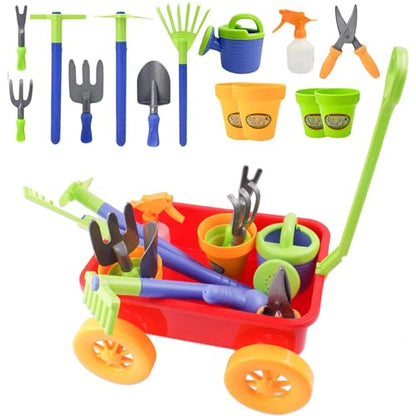 Dimple Red Garden Wagon & Tools Toy Set, 15 Pc Kids Gardening Play Set - color: Red